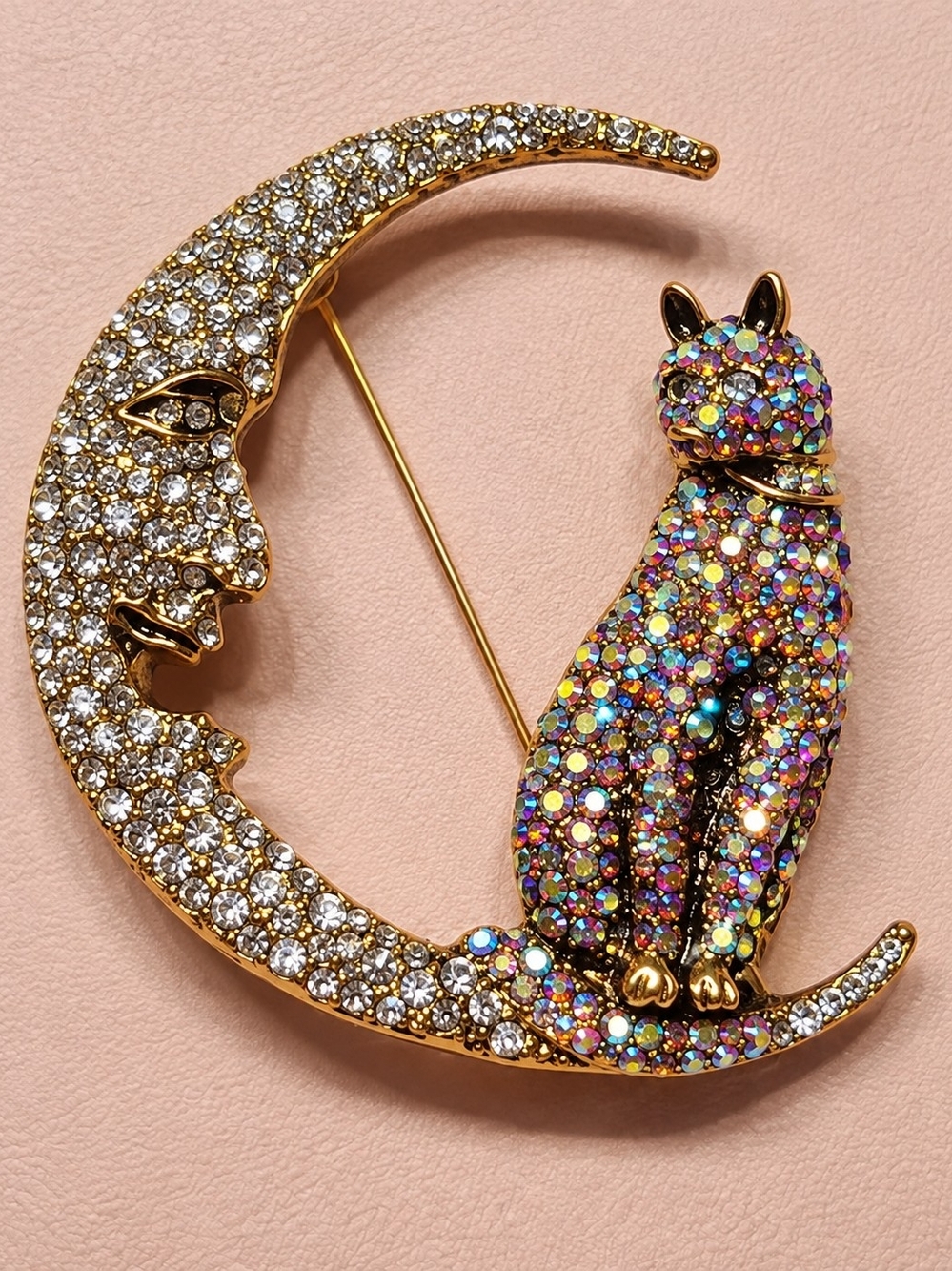 Gold Cat and Crescent Moon Crystal Brooch Cat